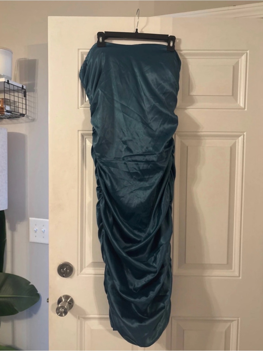 Fashion Nova Teal Strapless Ruched Satin Dress